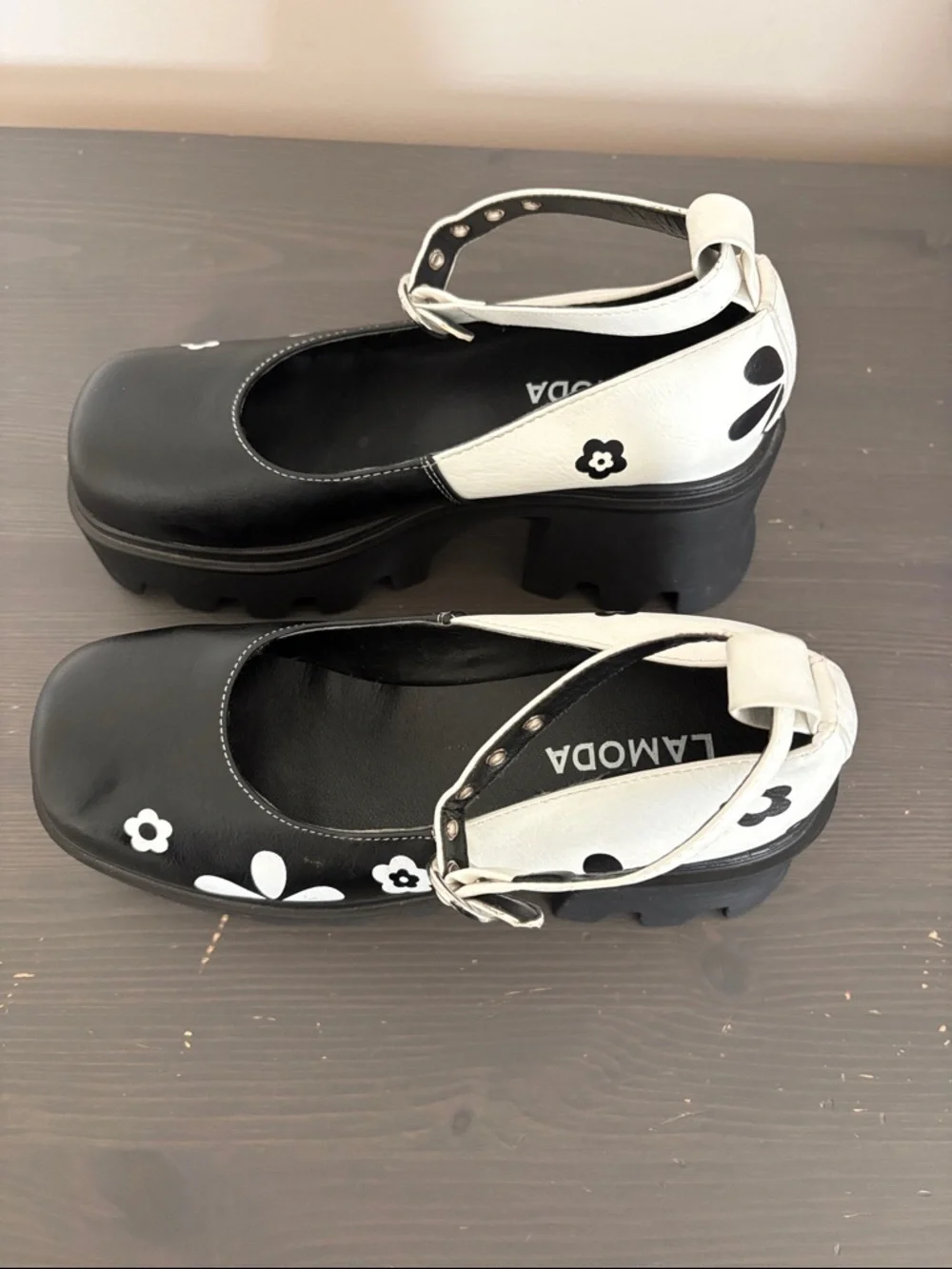 Lamoda Platform Mary Jane Y2K Heels Black White Floral Chunky Lug Sole Size 8